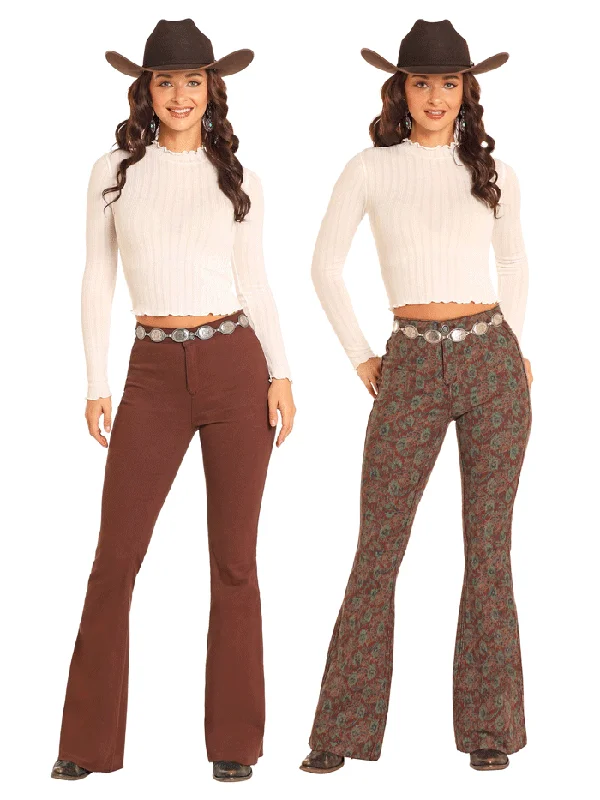 Rock & Roll Denim BW6PD04745 Womens Reversible Aztec Button Flare Pant Brown Trendy Wide-Legged Trousers