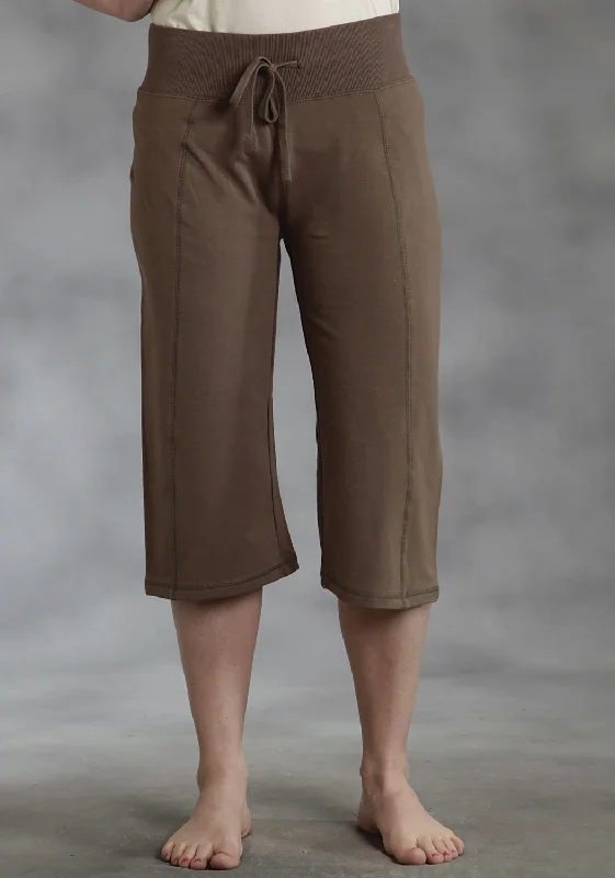 Roper Womens Solid Knit Brown 100% Cotton Capri Pants Cozy Fitted Pants