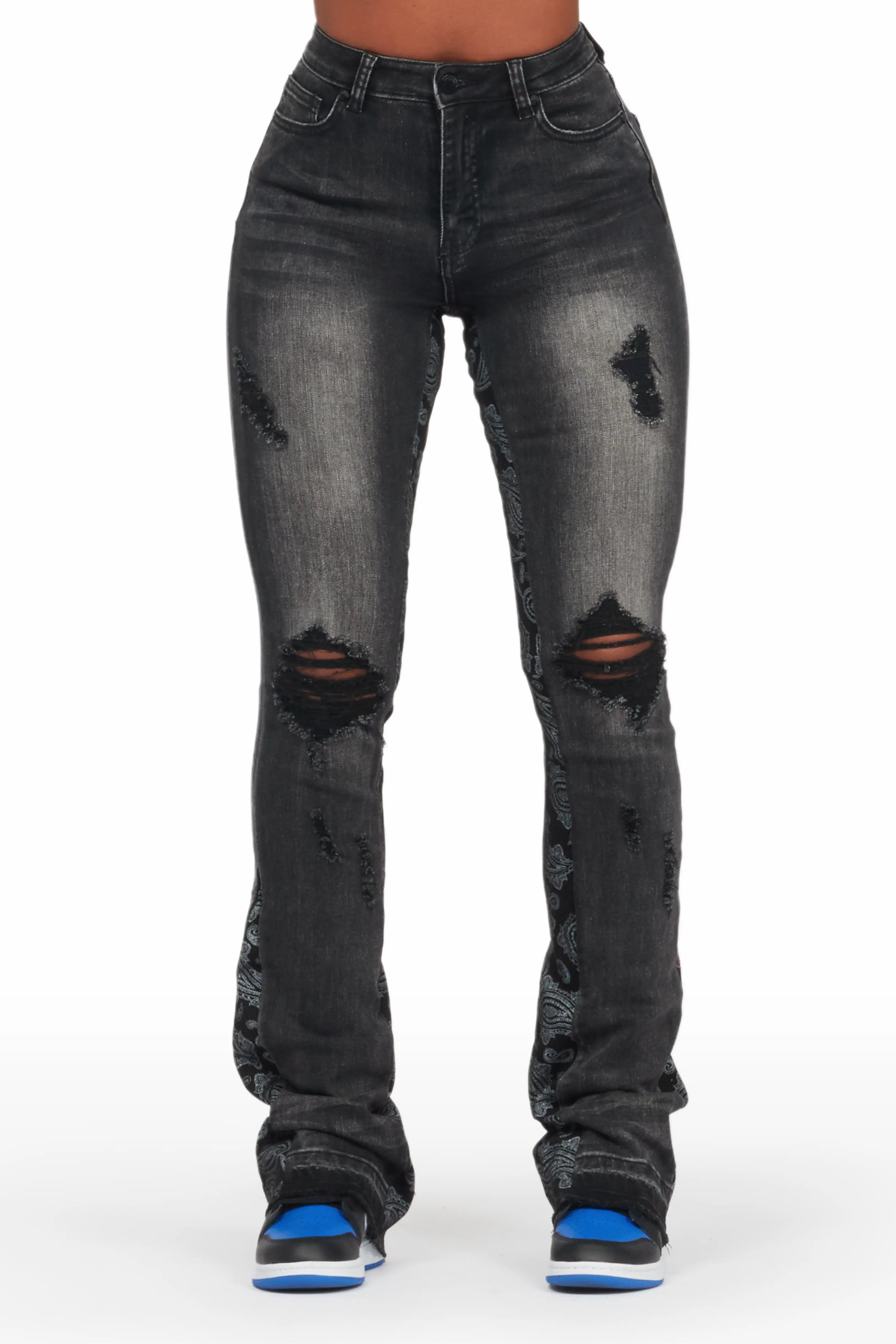 Khaleesy Black Stacked Flare Jean Chic Vintage-Inspired Denim Jeans