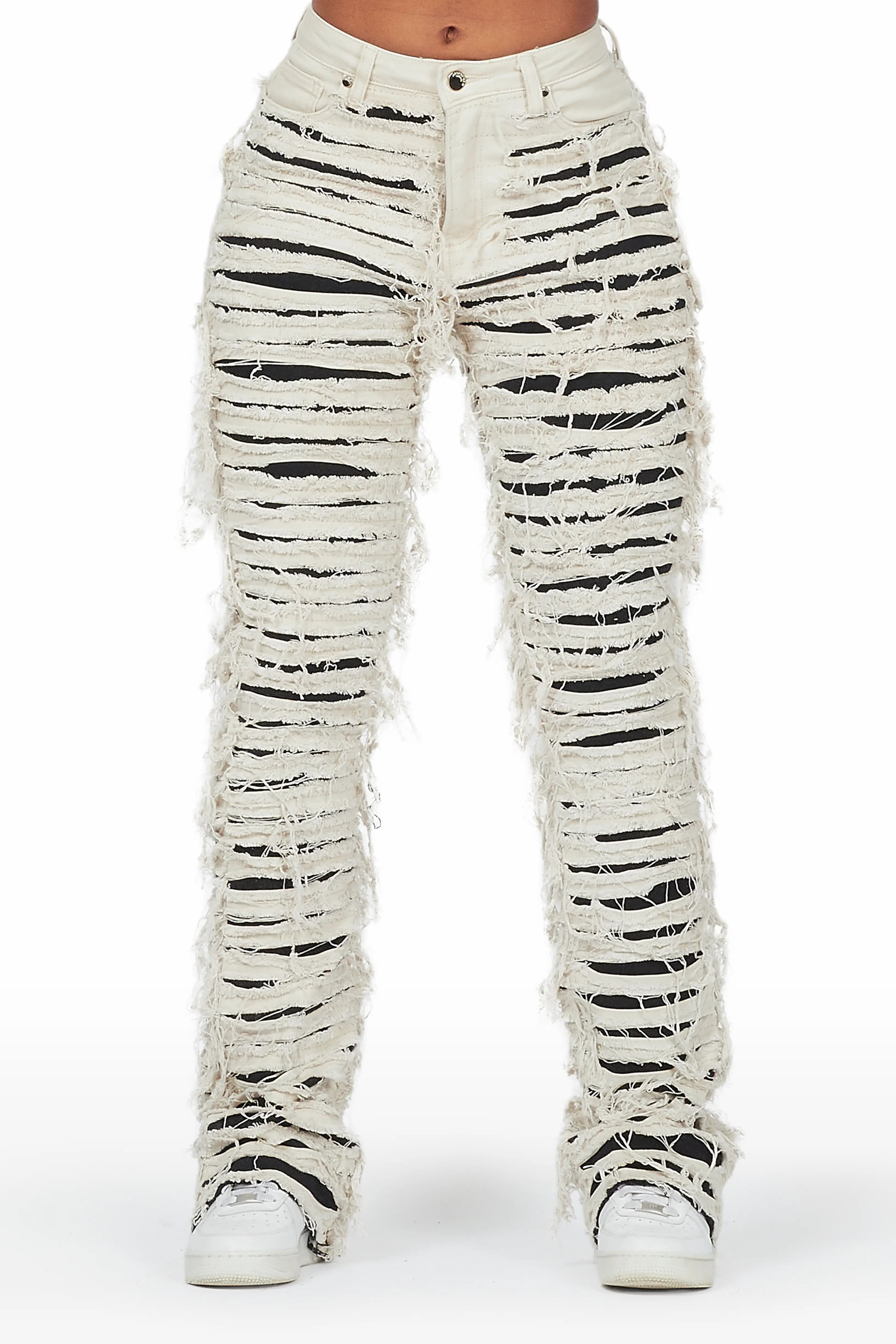 Melany Beige/Black Stacked Flared Jean Comfortable Boyfriend Jeans