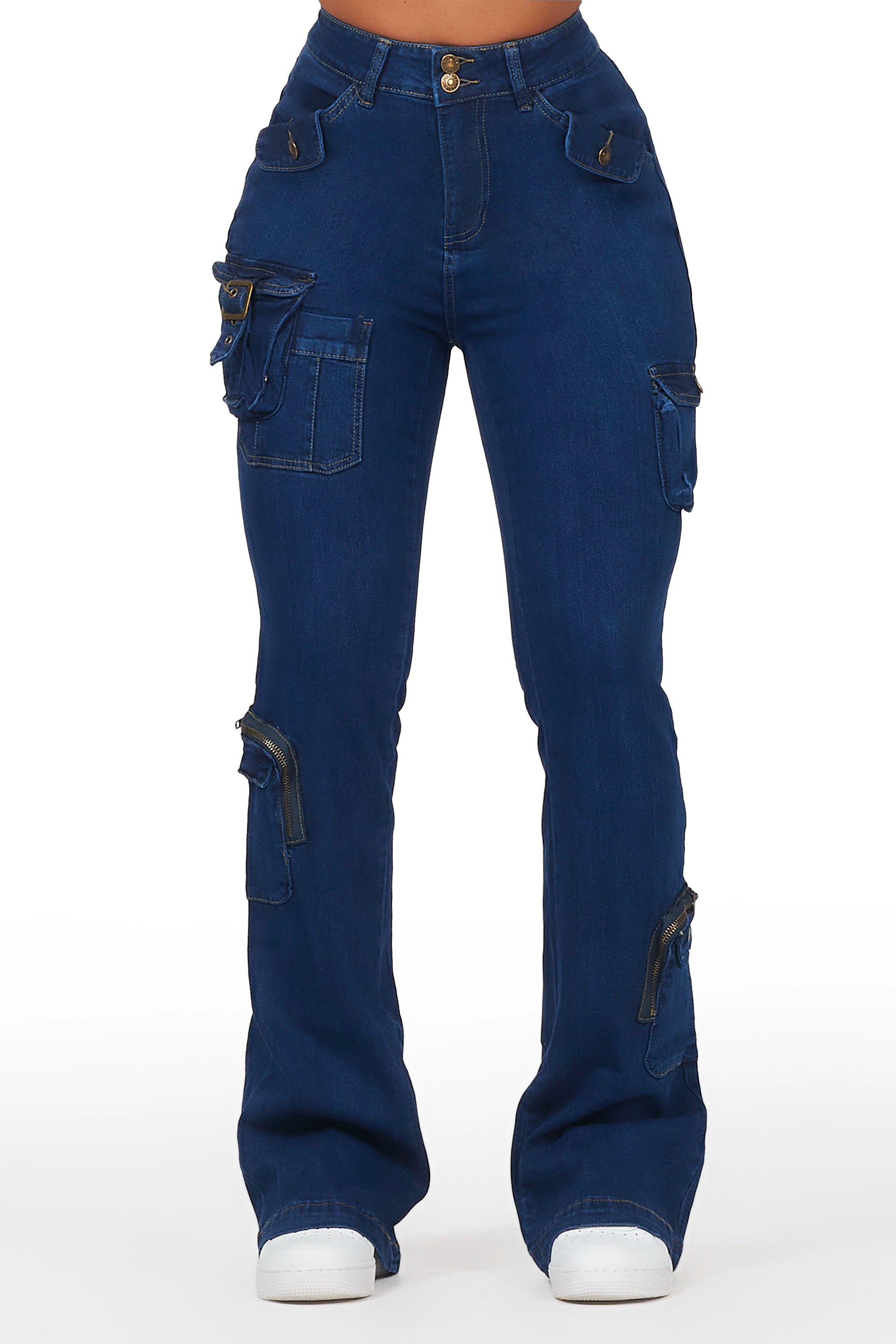 Marlowe Dark Wash Stacked Flare Jean Comfortable Full-Length Denim Jeans