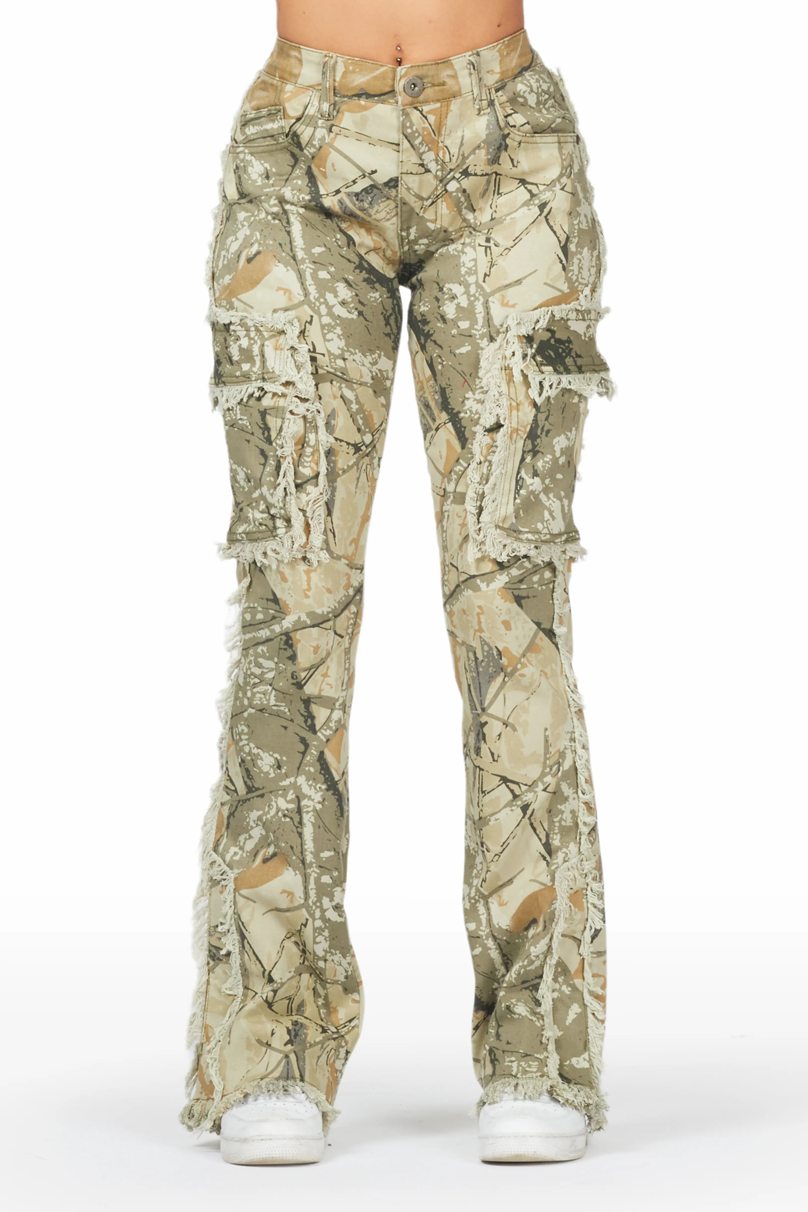Kassidy Tree Camo Stacked Flare Jean Trendy Colored Denim Jeans