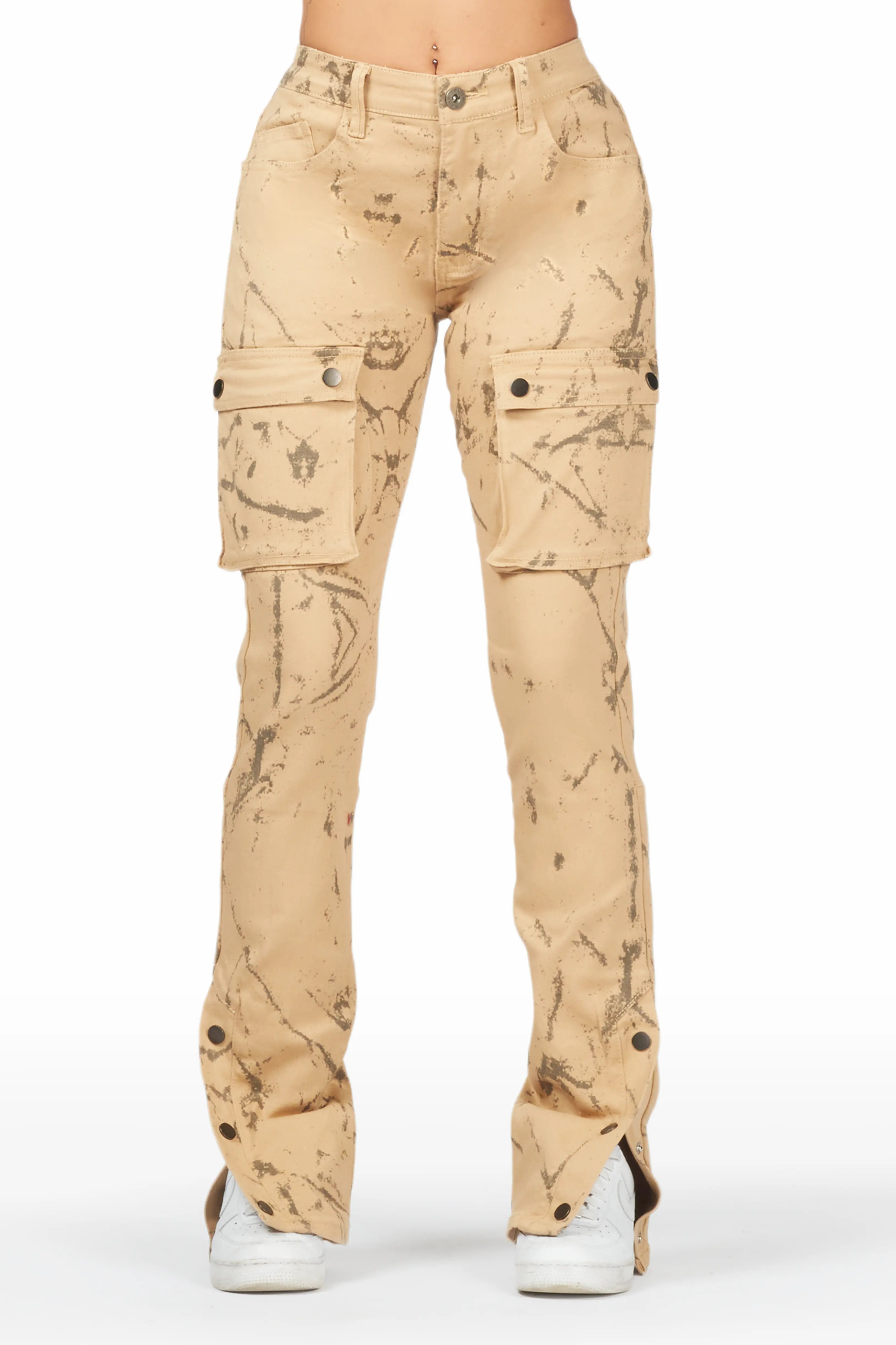 Shikira Tan Marble Stacked Flare Jean Trendy Plus Size Jeans