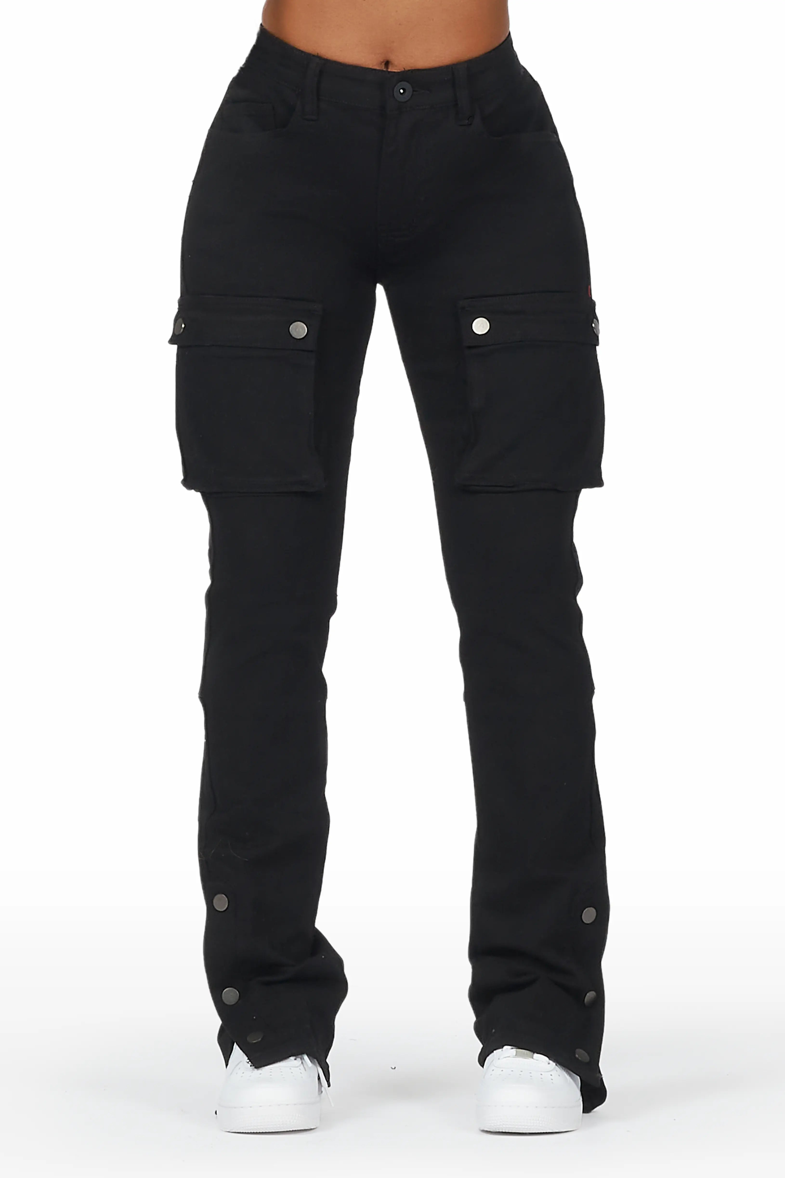 Kathryn Black Stacked Flare Jean Trendy Skinny Fit Jeans