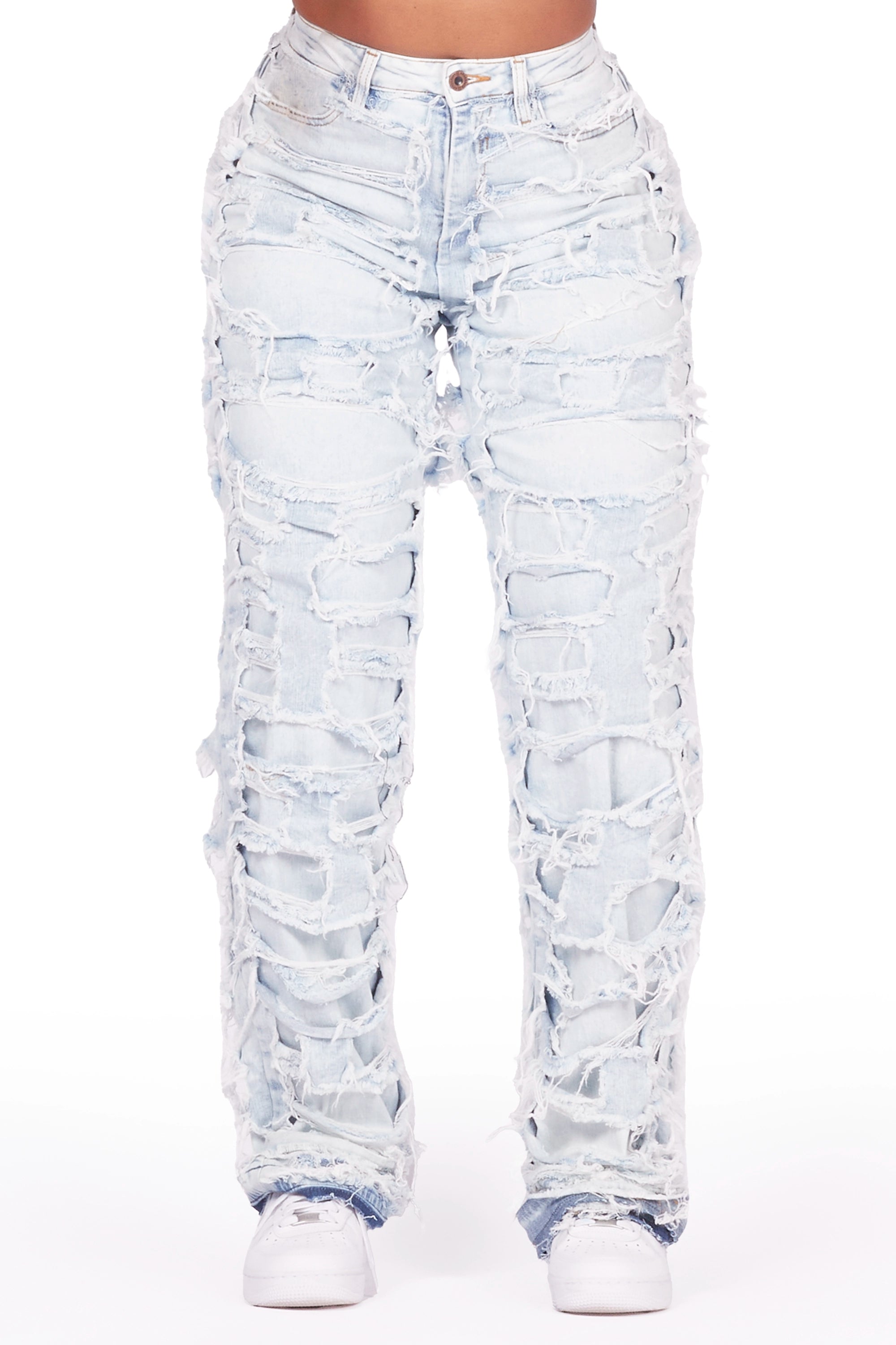 Jaidyn Light Wash Shredded Wide Leg Jean Chic Double Waistband Jeans