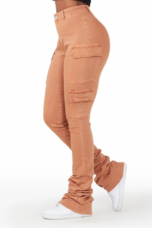 Vixen Camel Cargo Super Stacked Jean Trendy Flared Leg Jeans