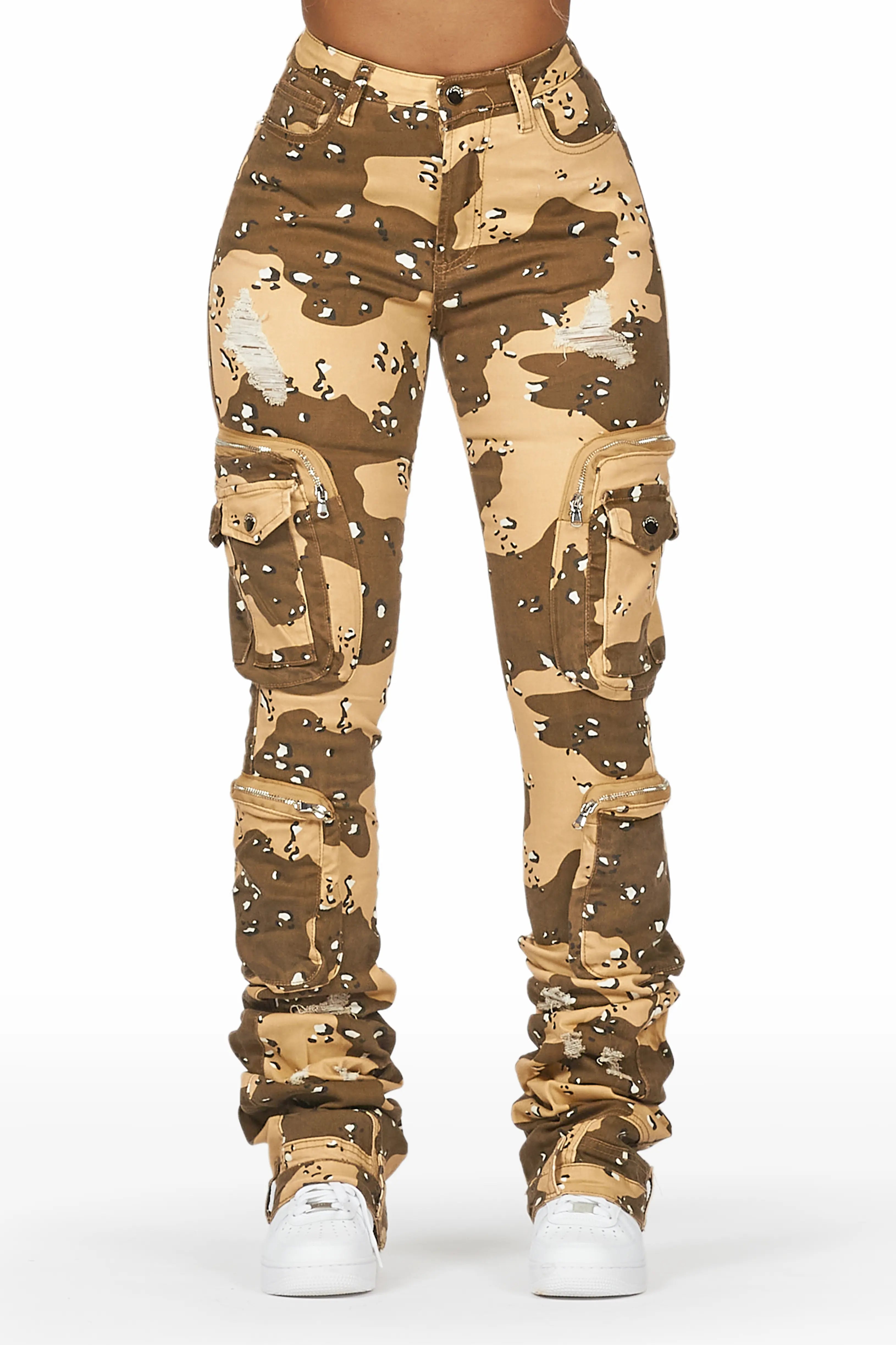 Alisson Desert Camo Cargo Super Stacked Jean Elegant Raw Hem Jeans