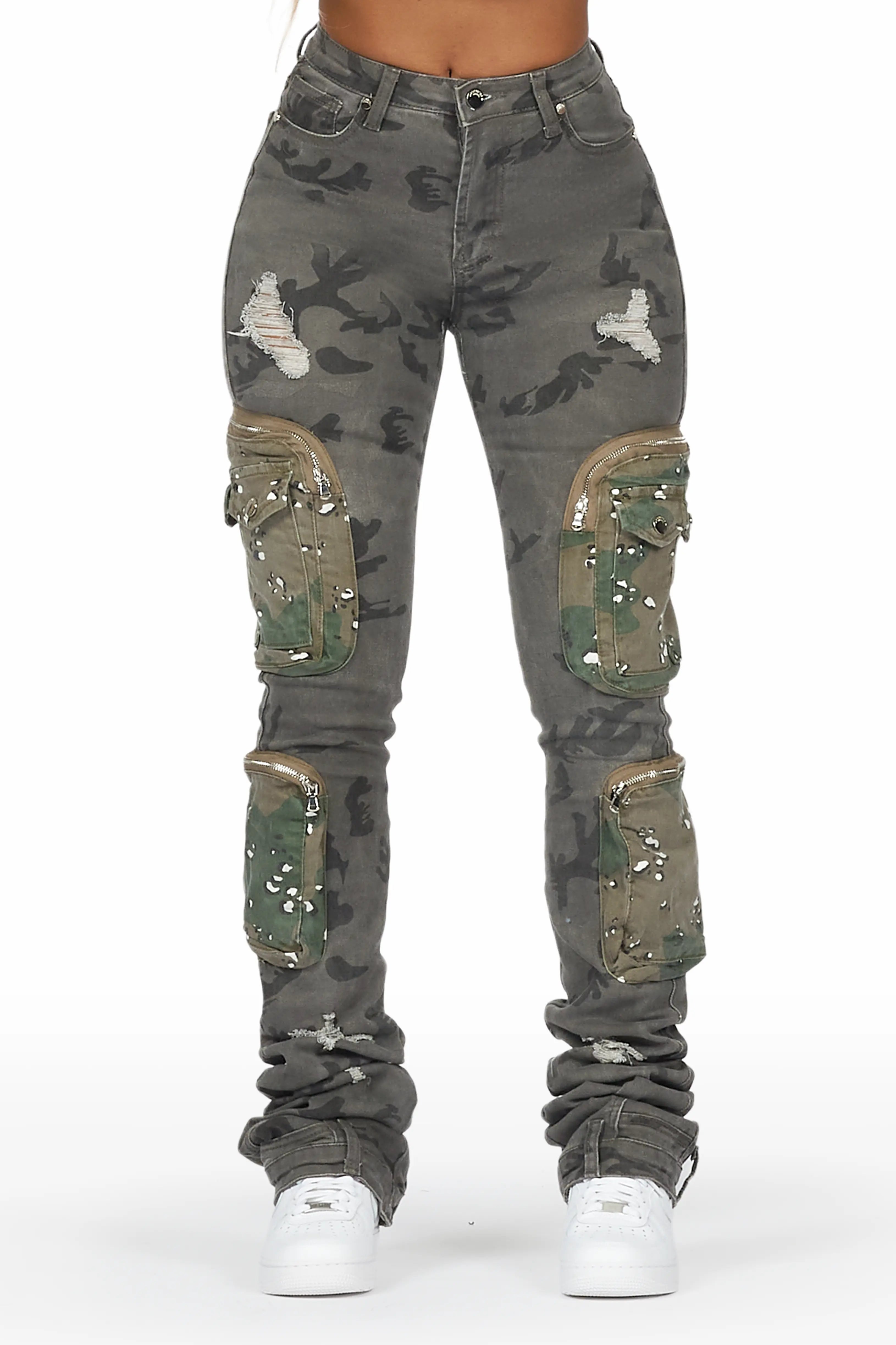 Alisson Grey Camo Cargo Super Stacked Jean Trendy Classic Fit Jeans
