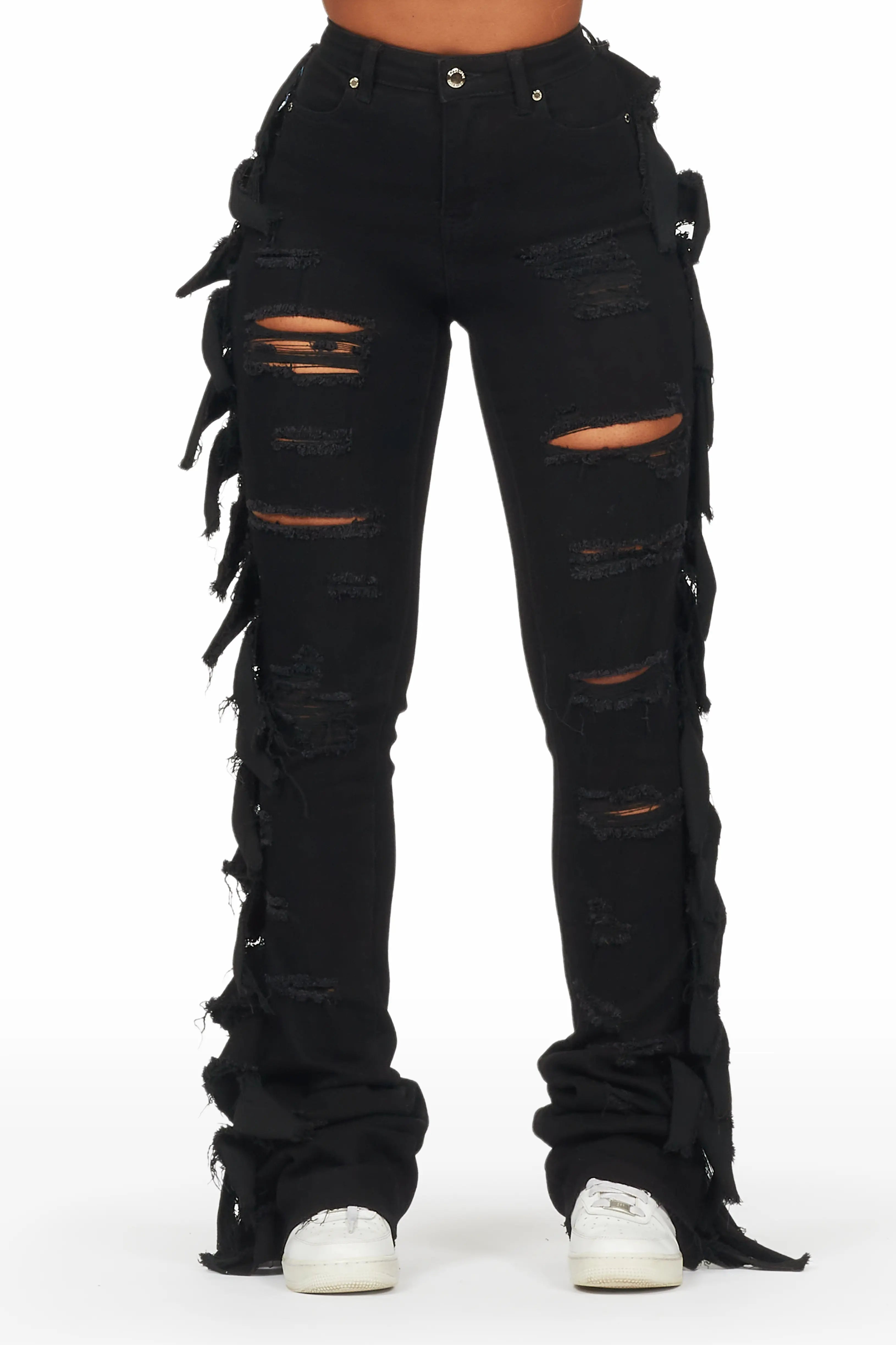 Cataleya Black Super Stacked Jean Comfortable Flare Leg Jeans