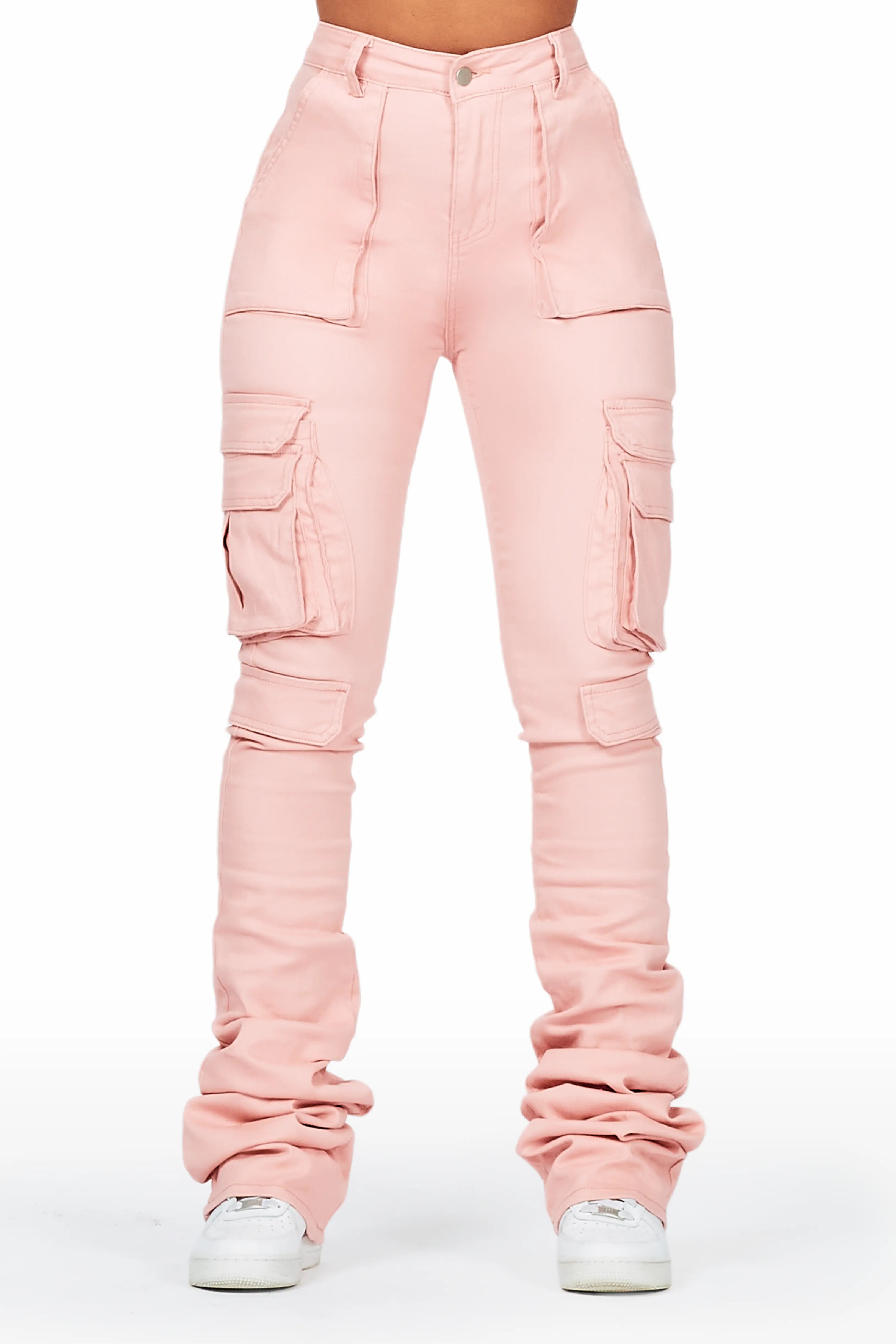 Amberita Pink Cargo Super Stacked Jean Cozy Stretch High-Waist Jeans