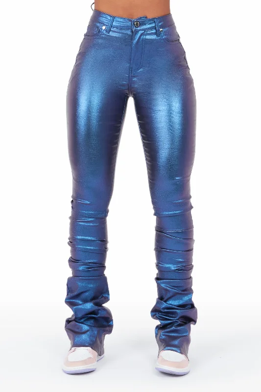 The Drama Metallic Blue PU Super Stacked Pant Wide-Legged Palazzos