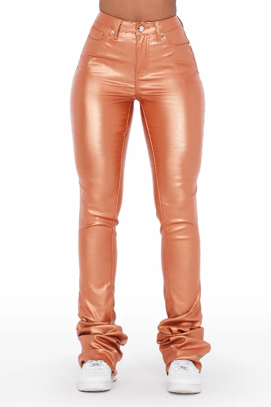 The Drama Metallic Orange PU Super Stacked Pant Comfortable Pleated Pants