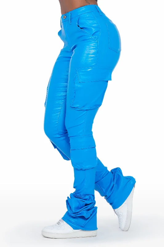 Miracle Blue PU Cargo Super Stacked Pant Cozy Fitted Pants