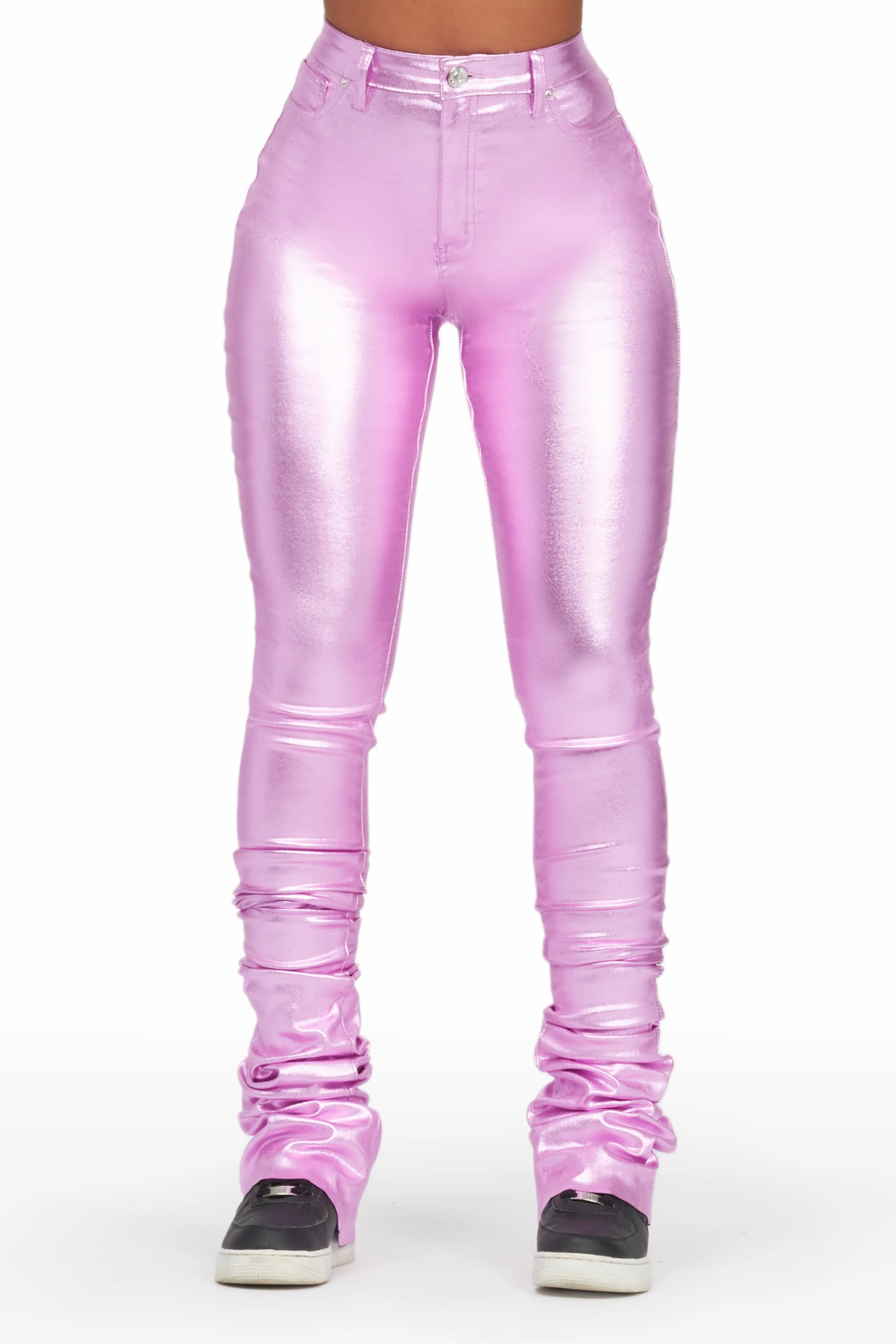Keyonna Metallic Purple PU Super Stacked Pant Cozy Full-Length Pants