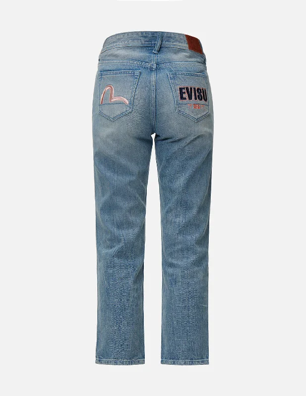 Seagull and Logo Embroidered Relax Fit Jeans Trendy Wide-Leg High-Waist Denim