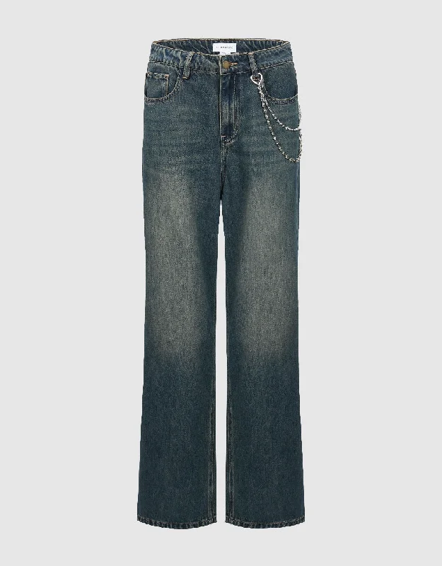 Straight Jeans With Chain Trendy Cut-Off Denim Shorts