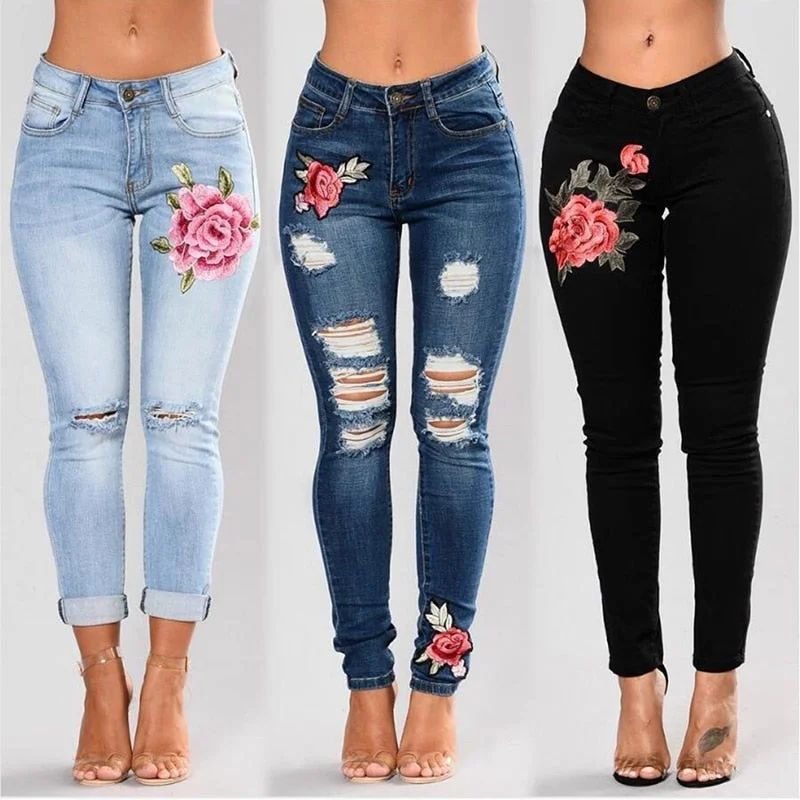 Stretch Embroidered Jeans Casual Distressed Skinny Jeans