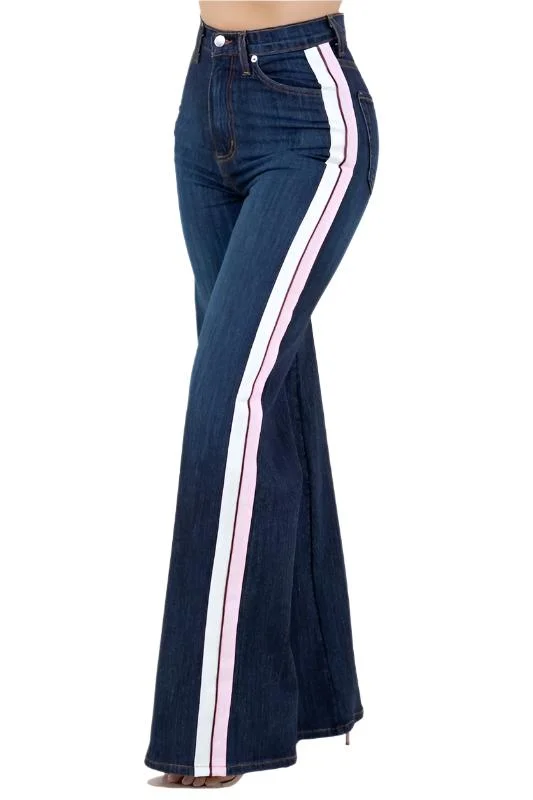 Striped Wide Leg Pant in Dark Denim Chic Slim Fit Pants