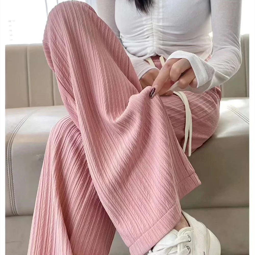 Summer Trendy Women's Solid Elastic Waist Drawstring Wide Leg Pants Casual Lounge Pants