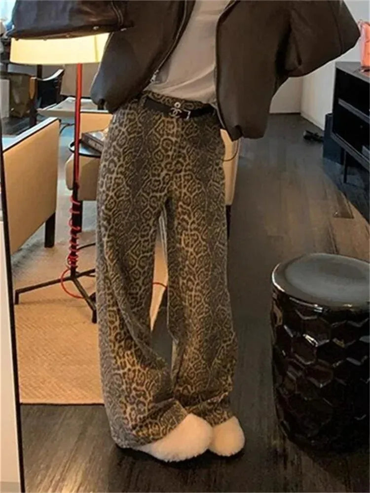 Leopard Print Y2k Jeans Women High Waisted Baggy Casual Wide Leg Denim Pants Casual Wide-Legged Denim Jeans