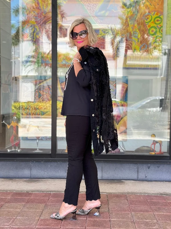 ETHYL SCALLOP BLACK PANTS Comfortable Denim Leggings