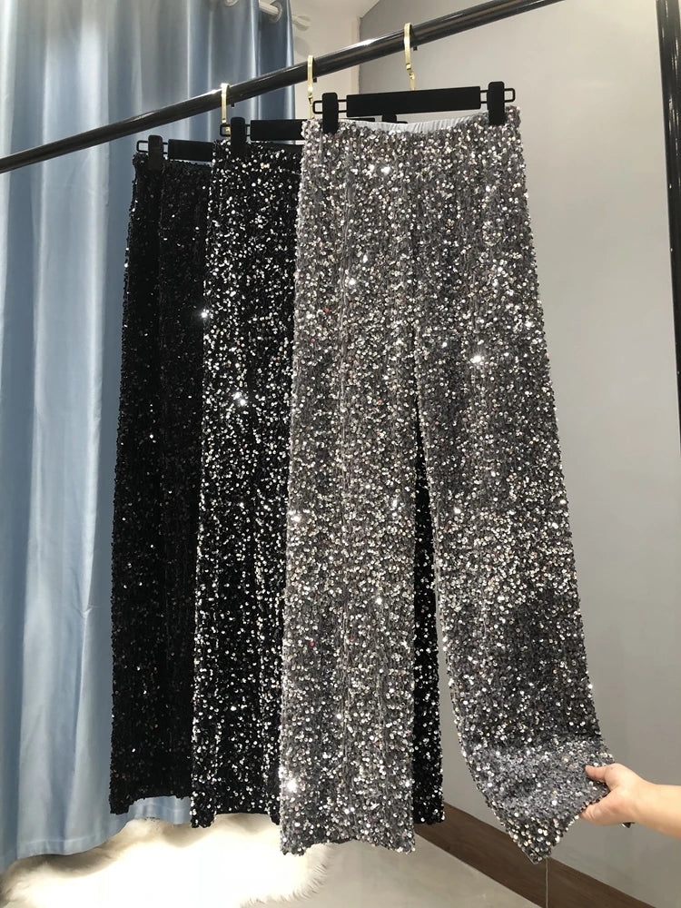 Women's Fashion Trendy Sparkling Gold Pants Relaxation of Tall Waist Wide-legged Fashionable Button-Up Pants