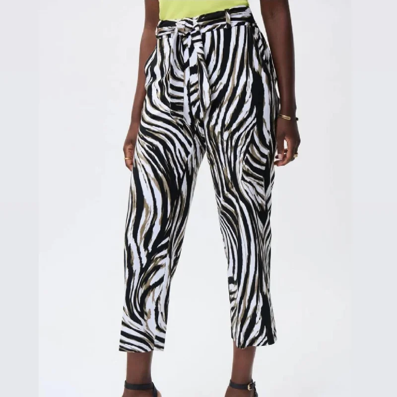 Joseph Ribkoff Zebra Print Belted Crop Pant Stylish Paperbag Waist Pants