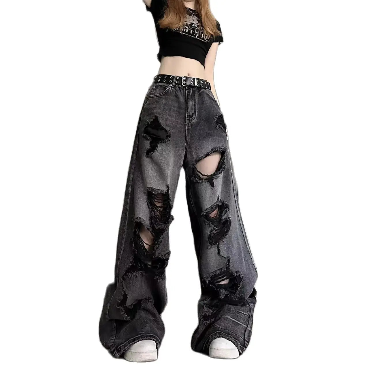 Vintage High Waist Denim Pants Ripped Jeans Women Fashion Loose Wide Leg Stylish Stone-Wash Denim Jeans