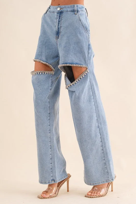 Washed Denim Cut Front Rhinestone Jeans in Light Wash Trendy Paperbag Waist Jeans