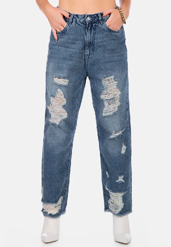 Washed Distressed Straight Denim Pants Soft Stretch Trousers