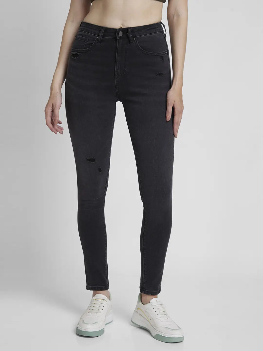 Spykar Women Black Lycra Super Skinny Fit Ankle Length Low Distressed Jeans -(Alexa) Trendy Low-Rise Slim Jeans