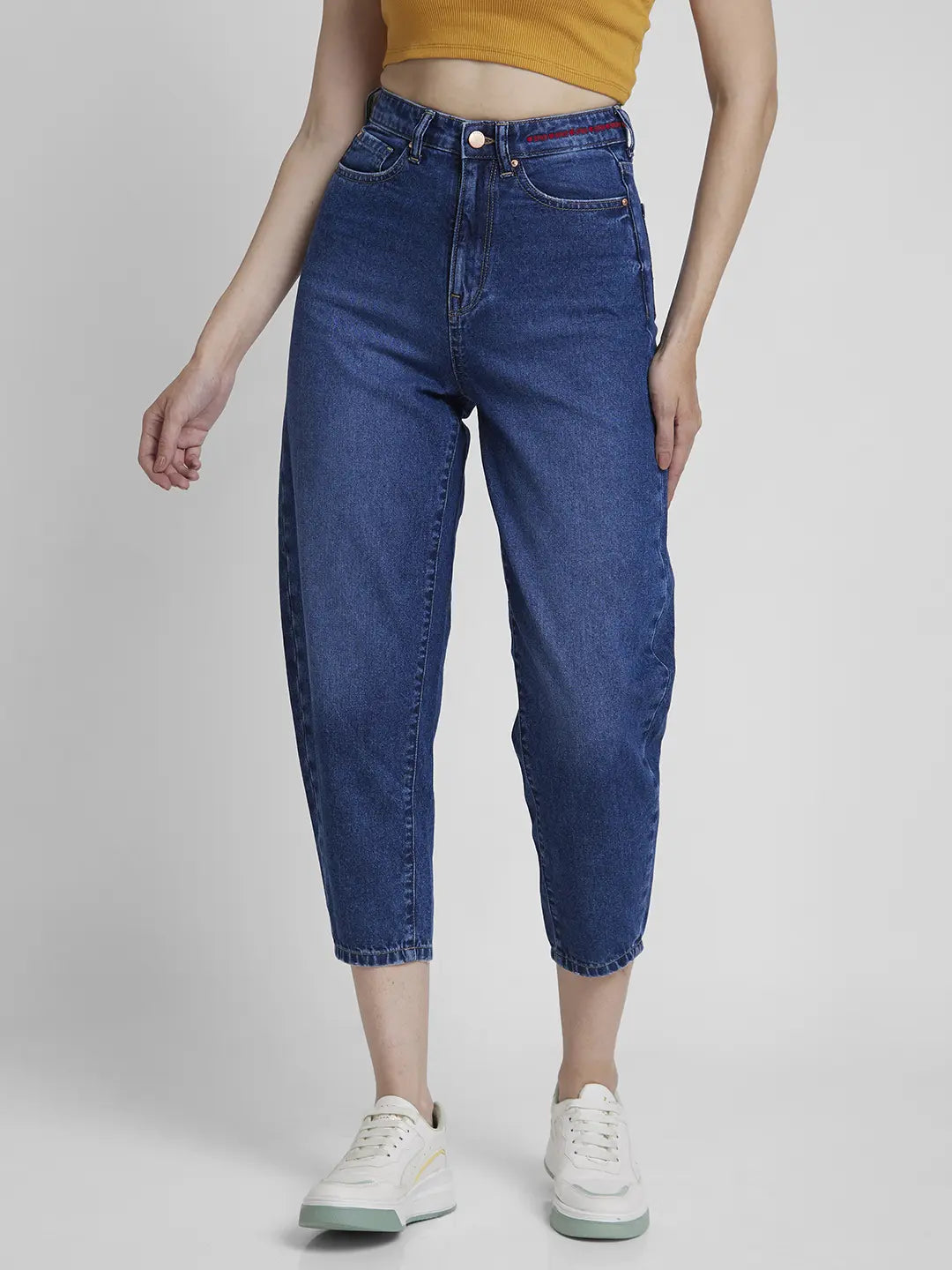 Spykar Women Mid Blue Cotton Baggy Fit Crop Length Clean Look Jeans -(Clara) Trendy Low-Rise Slim Jeans