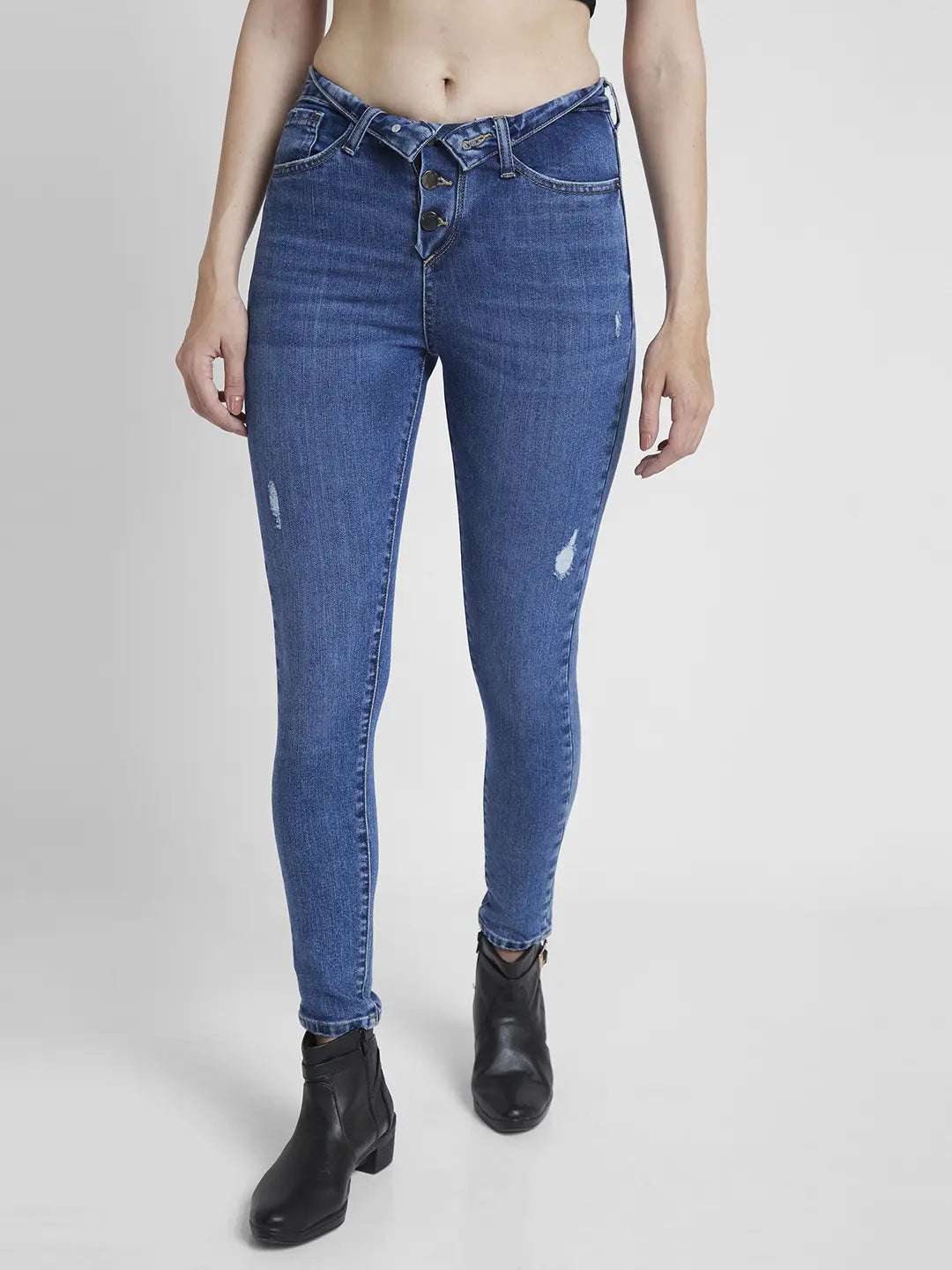 Spykar Women Mid Blue Lycra Super Skinny Fit Ankle Length Clean Look Jeans -(Alexa) Fashionable Frayed Hem Denim