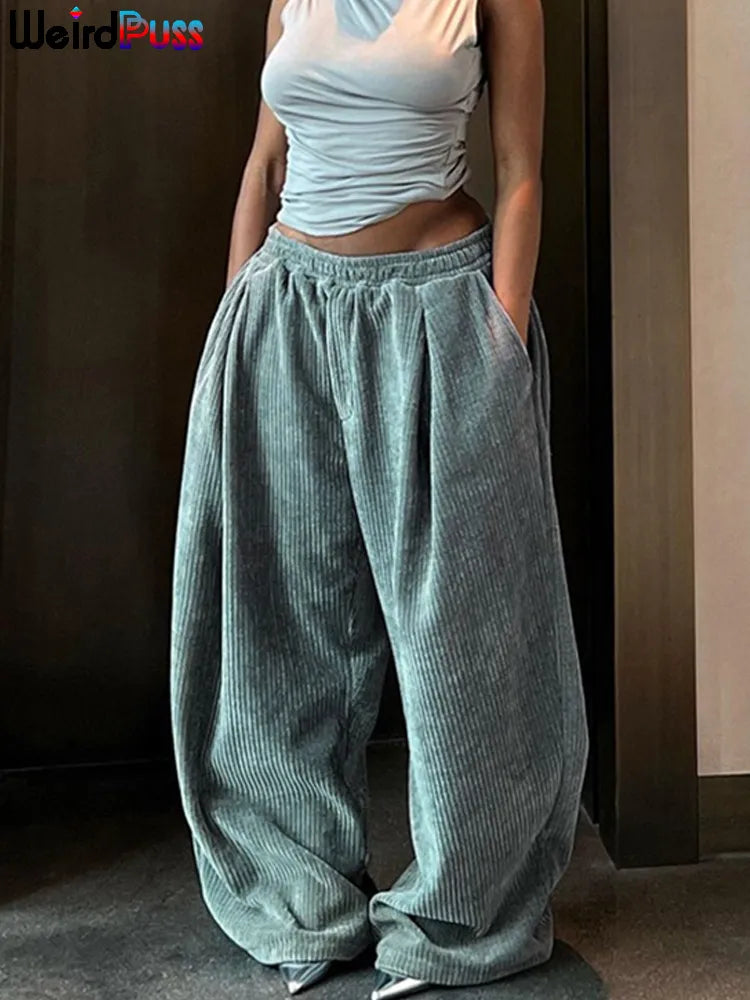 Casual Wide-Leg Pants Women Autumn Loose Simple Basic Pocket Stylish Harem Pants