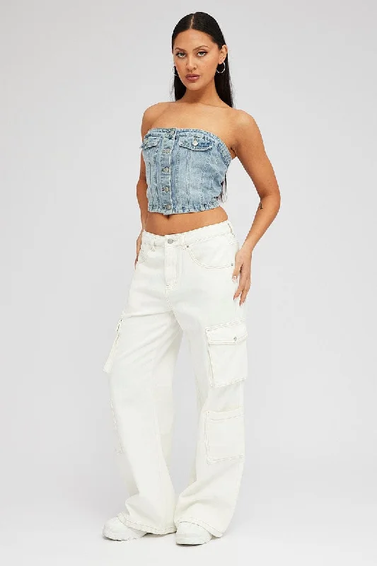 White Cargo Jean High Rise Multi Pocket Fashionable Raw Hem Bootcut Jeans