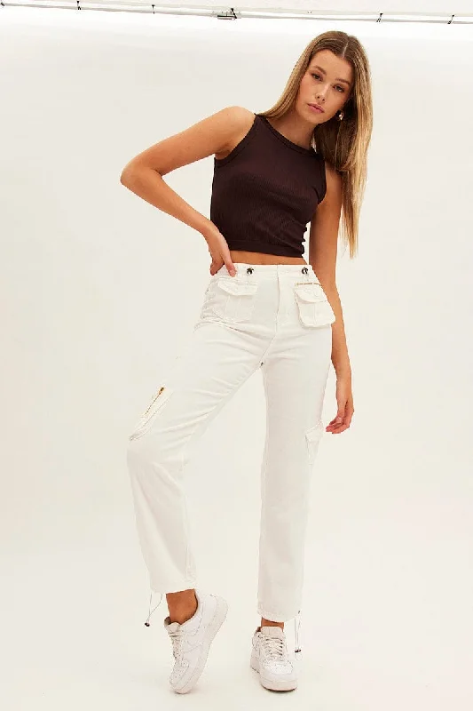 White Wide Leg Denim Cargo Pants Chic Capri Pants
