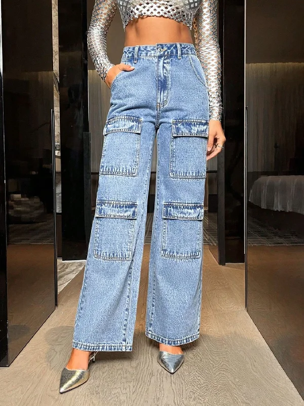 Wide Leg High Waist Jeans with Pockets Comfortable Straight-Legged Denim