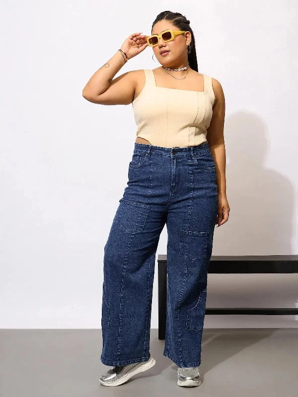 Women Blue Acid Wash Hem Pocket Straight Jeans Casual Wide-Legged Denim Jeans