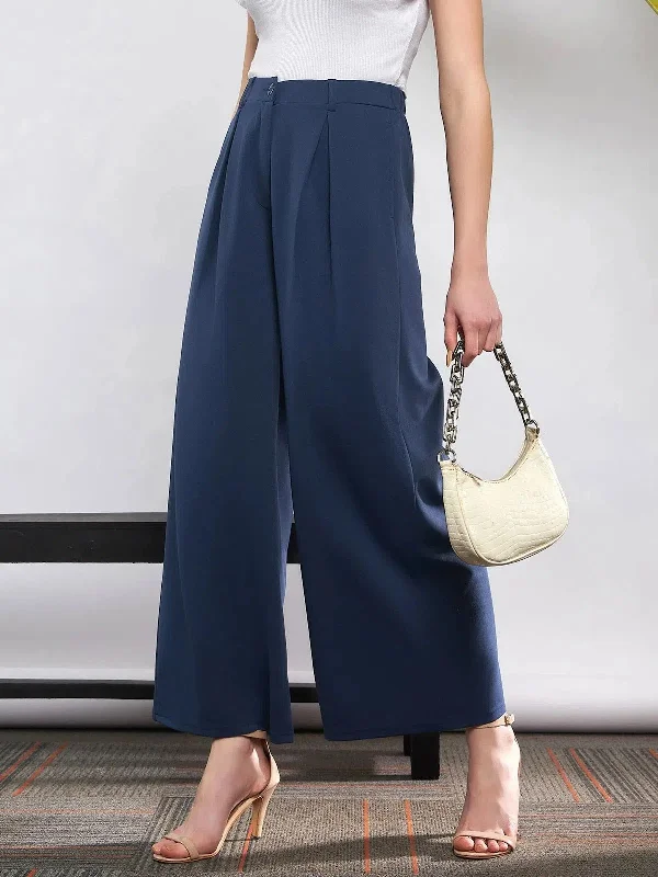 Women Blue Front Pleated Loose Fit Korean Pants Elegant Silk Pants