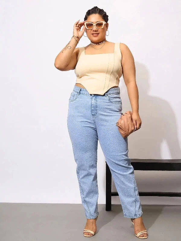 Women Ice Blue Acid Wash Mom Fit Jeans Classic Button Fly Jeans