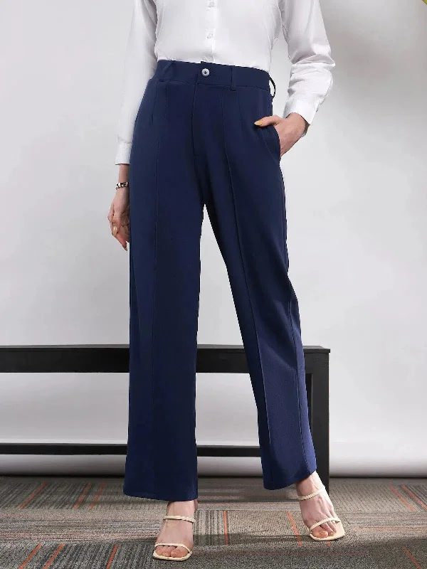 Women Navy Front Darted Knitted Straight Pants Elegant Wool Trousers