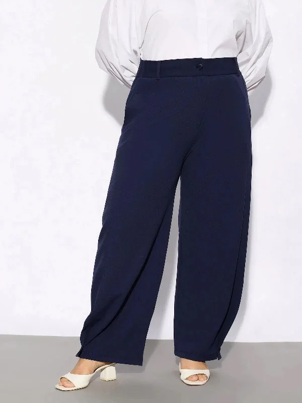 Women Navy Hem Button Detail Straight Pants Comfy Cargo Trousers