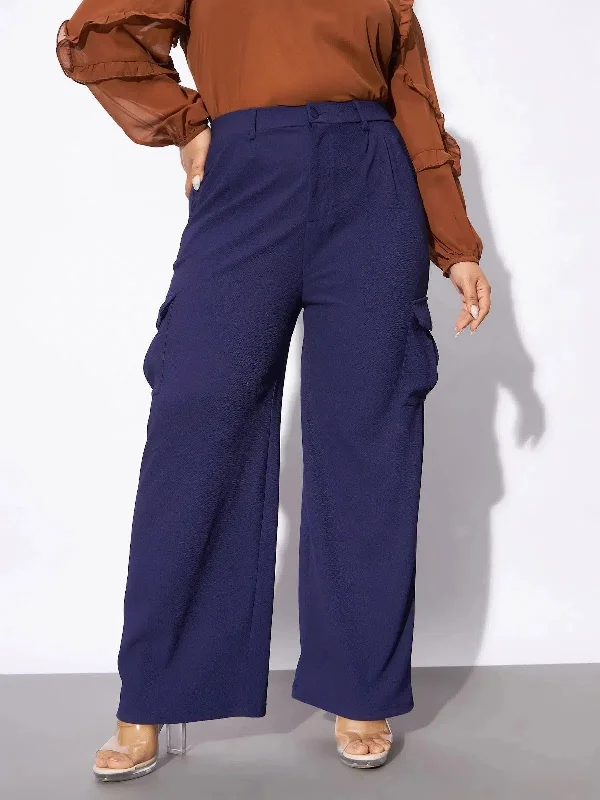 Women Navy Pleated Detail Straight Pants Wide-Legged Palazzos