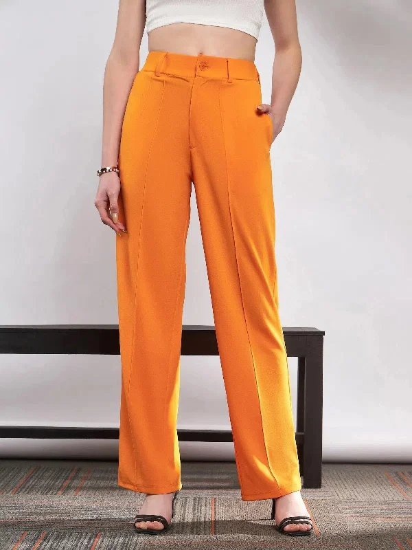 Women Orange Front Darted Knitted Straight Pants Casual Wide Pants