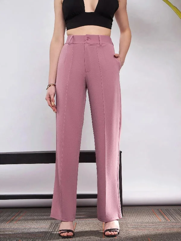 Women Pink Front Darted Knitted Straight Pants Fashionable Button-Up Pants