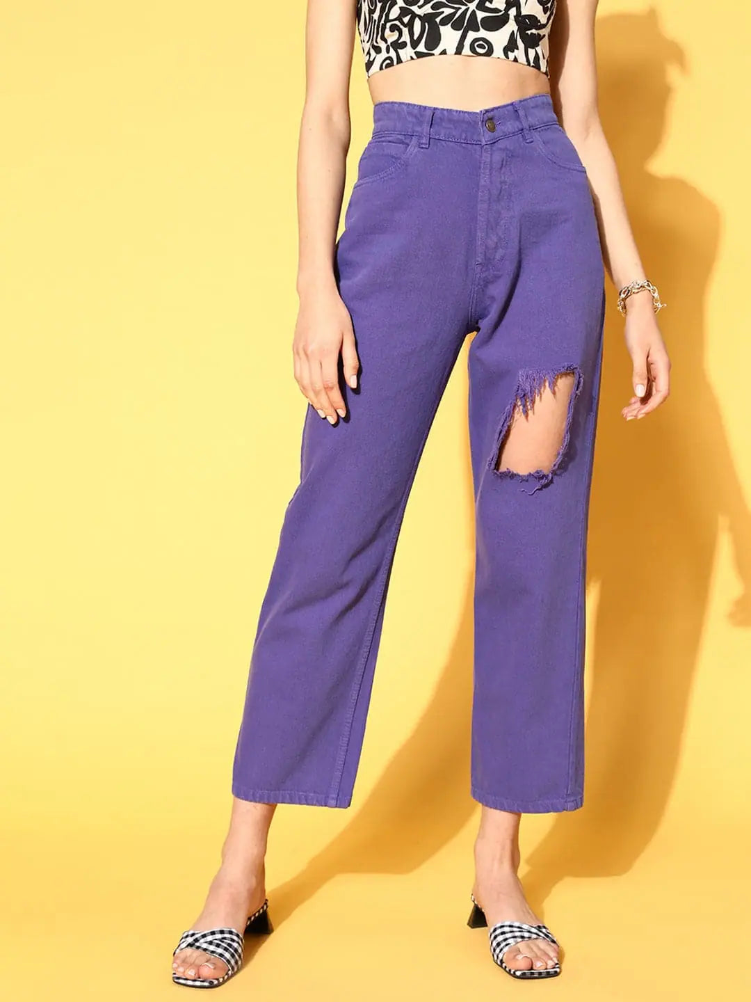 Women Purple Distressed Jeans Comfortable Folded Hem Jeans