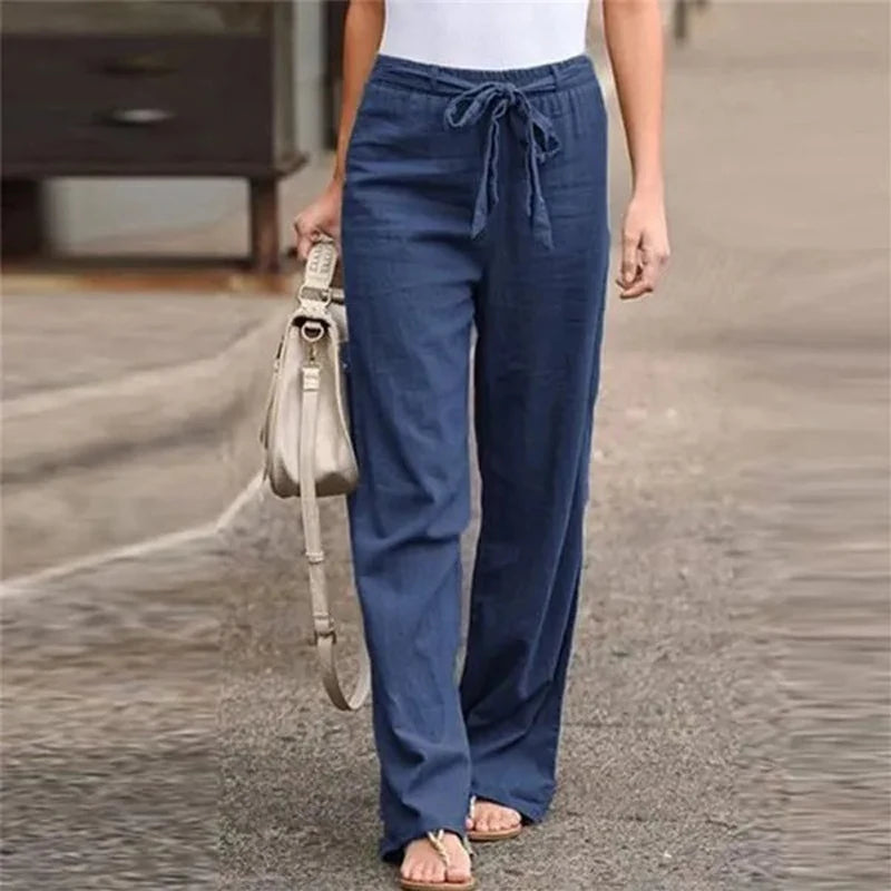 Women Solid Long Pants Women Casual Loose Cotton Casual Drawstring Pants