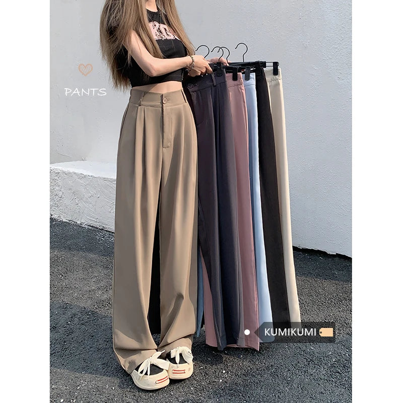 Women Suit Pants Elastic Waist Slimming Casual Pants Autumn Loose Wide Leg Pants Comfortable Fleece Pants