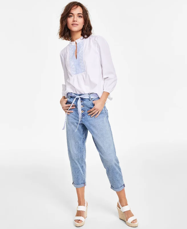 Women's Cropped Faded Tie-Belt Jeans Comfortable Drawstring Waist Jeans