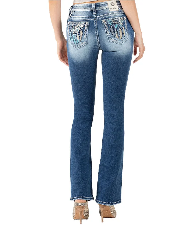 Women's Feathered Dreamcatcher Mid-Rise Bootcut Jeans Trendy Layered Pocket Jeans